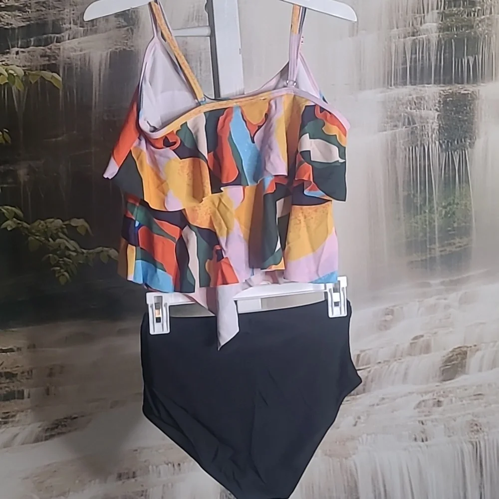 New! Missky Womens Small vibrant colors ruffle layered tankini swim suit